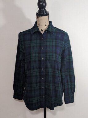 Lands End Flannel Shirt Womens MP 10-12 Blue Green Tartan Plaid Button Up